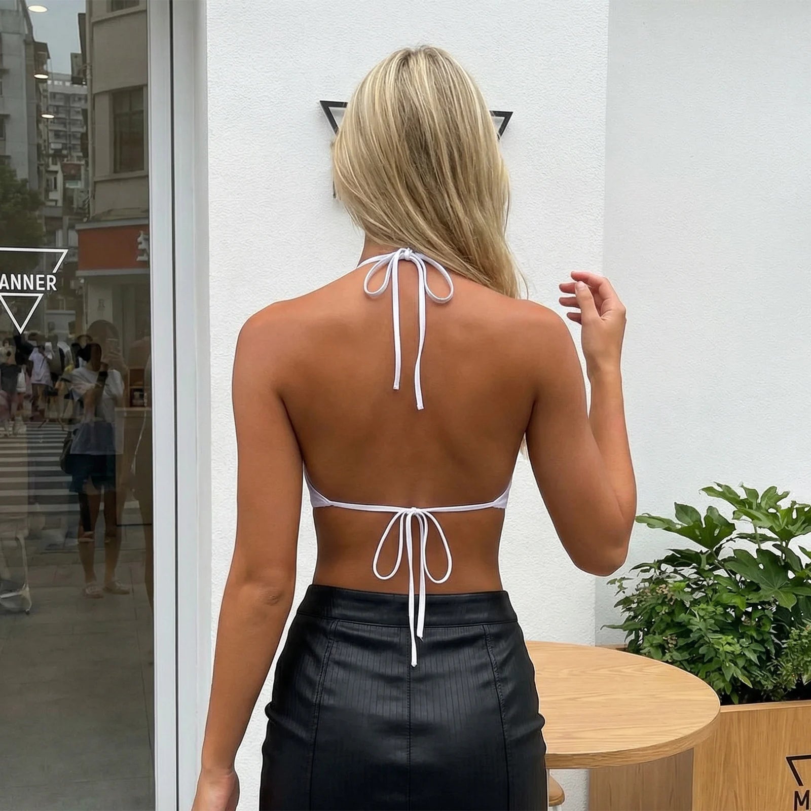 Deep Plunge Halter Crop Top With Open Back Tie Detail