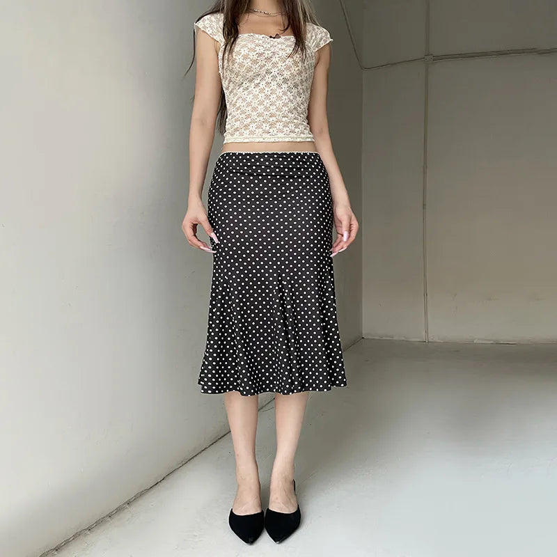Black Polka Dot Print Midi Skirt With Low Waist Lightweight Knit