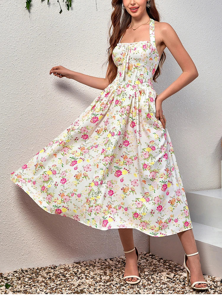 Floral Halter Midi Dress With Spaghetti Straps, Backless Corset Waist Tie Up Detail