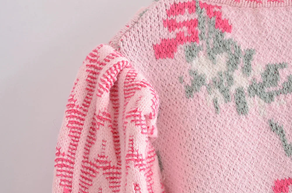 Front Wood Ears Ruffles Jacquard Cropped Sweater Vintage O neck Puff Sleeve Pullovers Short Jumper Knitwear