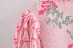 Front Wood Ears Ruffles Jacquard Cropped Sweater Vintage O neck Puff Sleeve Pullovers Short Jumper Knitwear