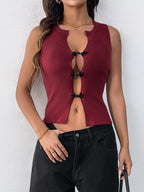 Red Sleeveless Hollowed Out Crop Tank Top With Frog Button Detail