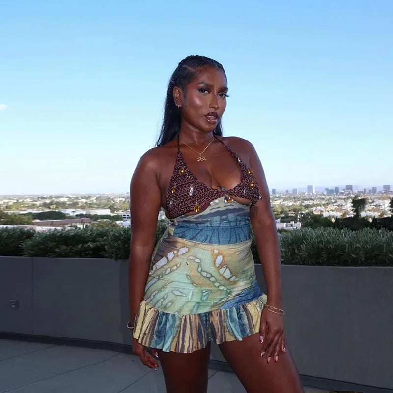 Sunlit Beach Crystal Knit Patchwork Halter Set With Lace Up Backless Top And Ruffle Printed Skirt