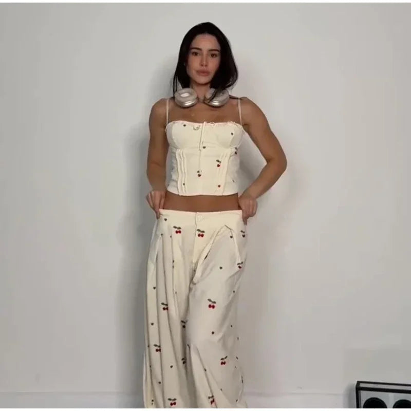 Chic Strips Pants Women Set Patchwork Slash Neck Bandage Top Pleated Asymmetry Trousers