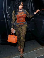 Tie Dye Jumpsuit With O Neck Zip Front Slim Streetwear Overalls