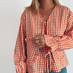 Vintage V Neck Crop Top With Front Tie And Puff Sleeves