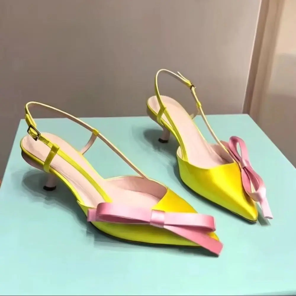 Elegant Satin Pointed Toe Slingback Kitten Heels With Bow Accent And Adjustable Ankle Strap Sandals