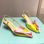 Elegant Satin Pointed Toe Slingback Kitten Heels With Bow Accent And Adjustable Ankle Strap Sandals