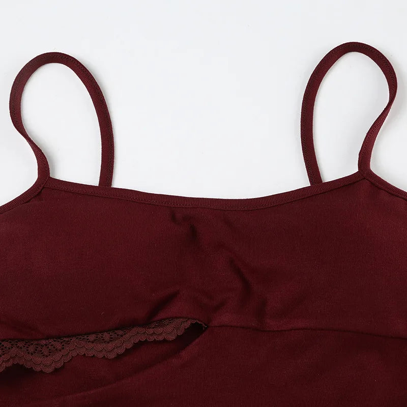 Lace Splice Hollow out Strap Design Streetwear Slim Fit with Chest Pad Ruffle Trimmed Underwear Set