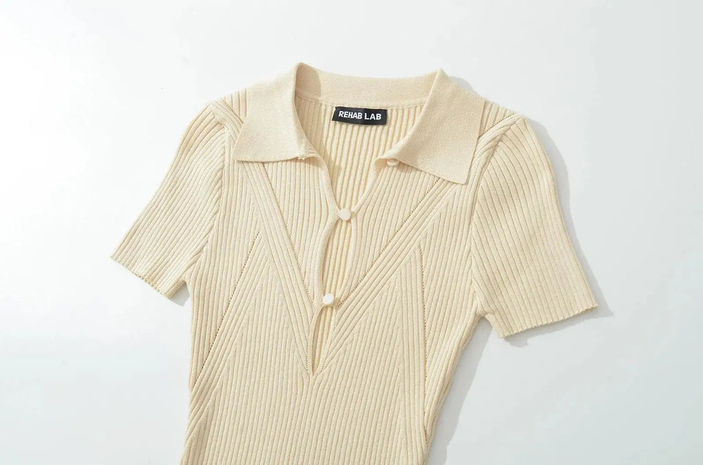 Knit Turn Down Collar Pullover For Women Slim Stretch Short Sleeve Top