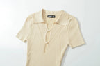 Knit Turn Down Collar Pullover For Women Slim Stretch Short Sleeve Top
