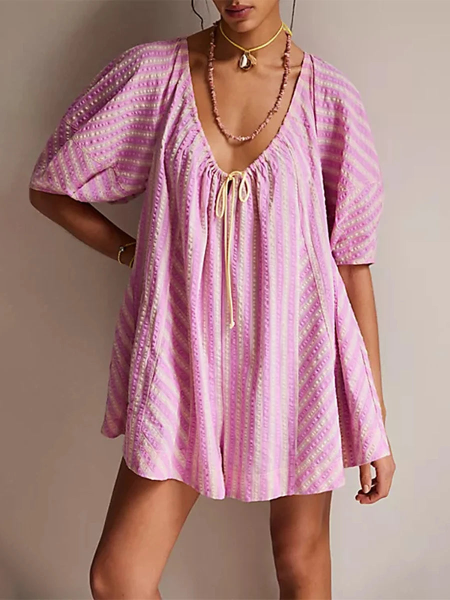Y2k Rompers Sexy Loose Puff Sleeve V Neck Striped Jumpsuits Shorts Overalls Dress