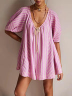 Y2k Rompers Sexy Loose Puff Sleeve V Neck Striped Jumpsuits Shorts Overalls Dress