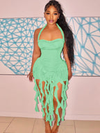 Elegant Halter Backless Ruffles Mini Dress Slim Fit With Tassel Detail
