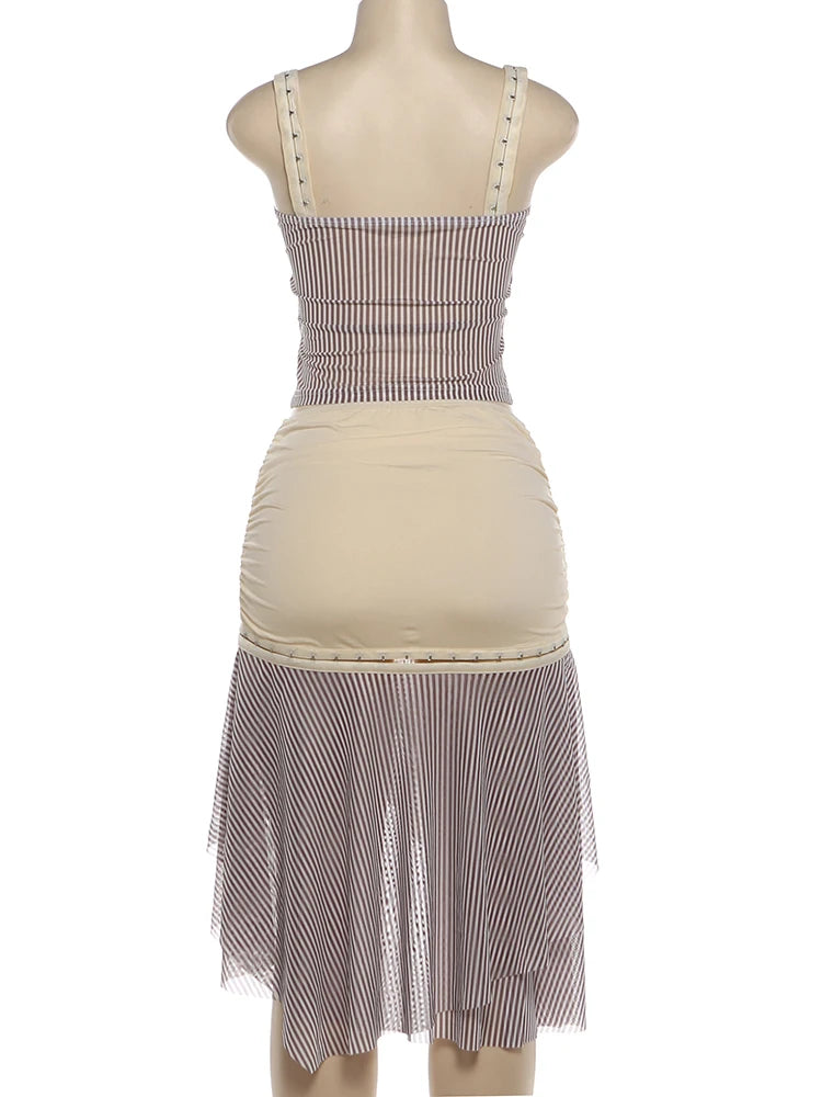 Striped Two Piece Set With Backless Tank Top And Tiered Mini Skirt