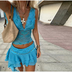 Sequin V-Neck Lace Top Ruffle Skirt Set Slim Fit Sleeveless Sheer