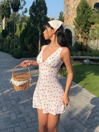 Cherry Print Straps Backless Draped Mini Dress