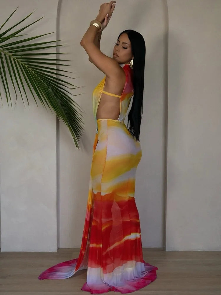O-Neck Maxi Dress With High Split And Stacked Print