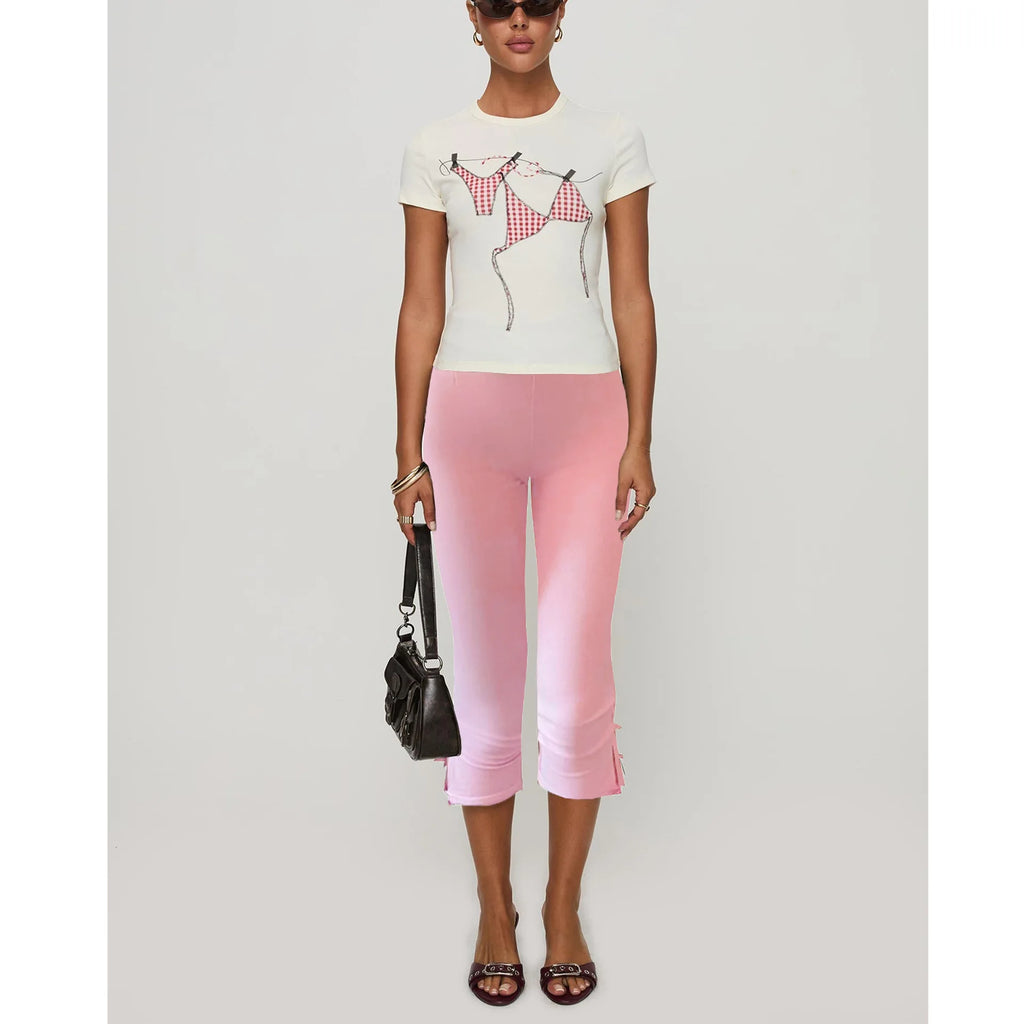 Women's Y2K Cute Capri Pants Solid Color Satin Bow Decor Side Split Summer Slim CroppedTrousers Stretch Crop Leggings