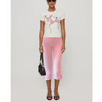 Women's Y2K Cute Capri Pants Solid Color Satin Bow Decor Side Split Summer Slim CroppedTrousers Stretch Crop Leggings