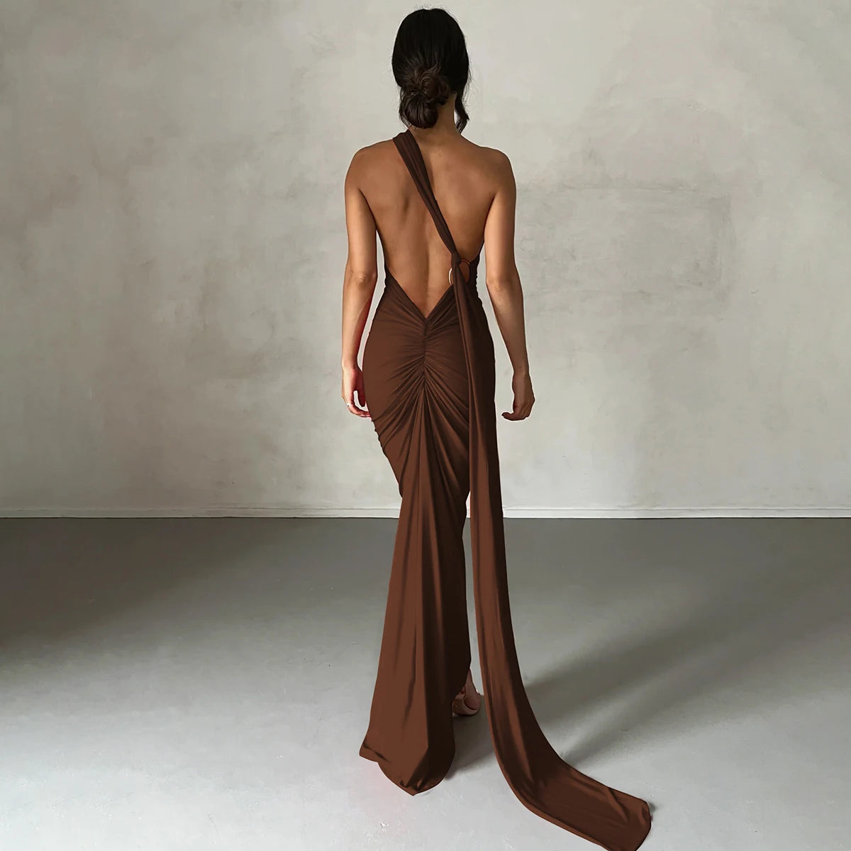 One Shoulder Backless Ruched Dress