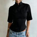 Chic Mandarin Collar Cheongsam Top With Chinese Knot Buttons