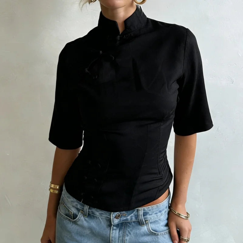 Chic Mandarin Collar Cheongsam Top With Chinese Knot Buttons