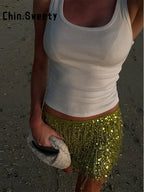 Beaded Sequin Two Piece Set Sleeveless Backless Crop Top And Mini Skirt Glam Outfit