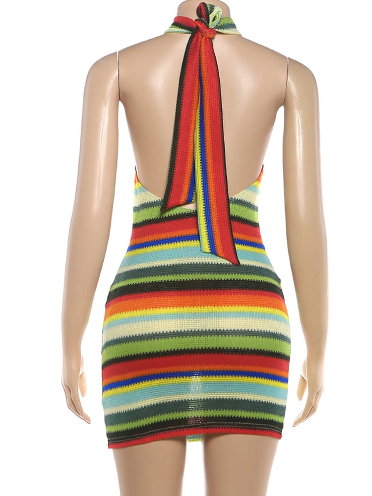 Stripe Patchwork Bodycon Mini Dress Halter Backless Off Shoulder
