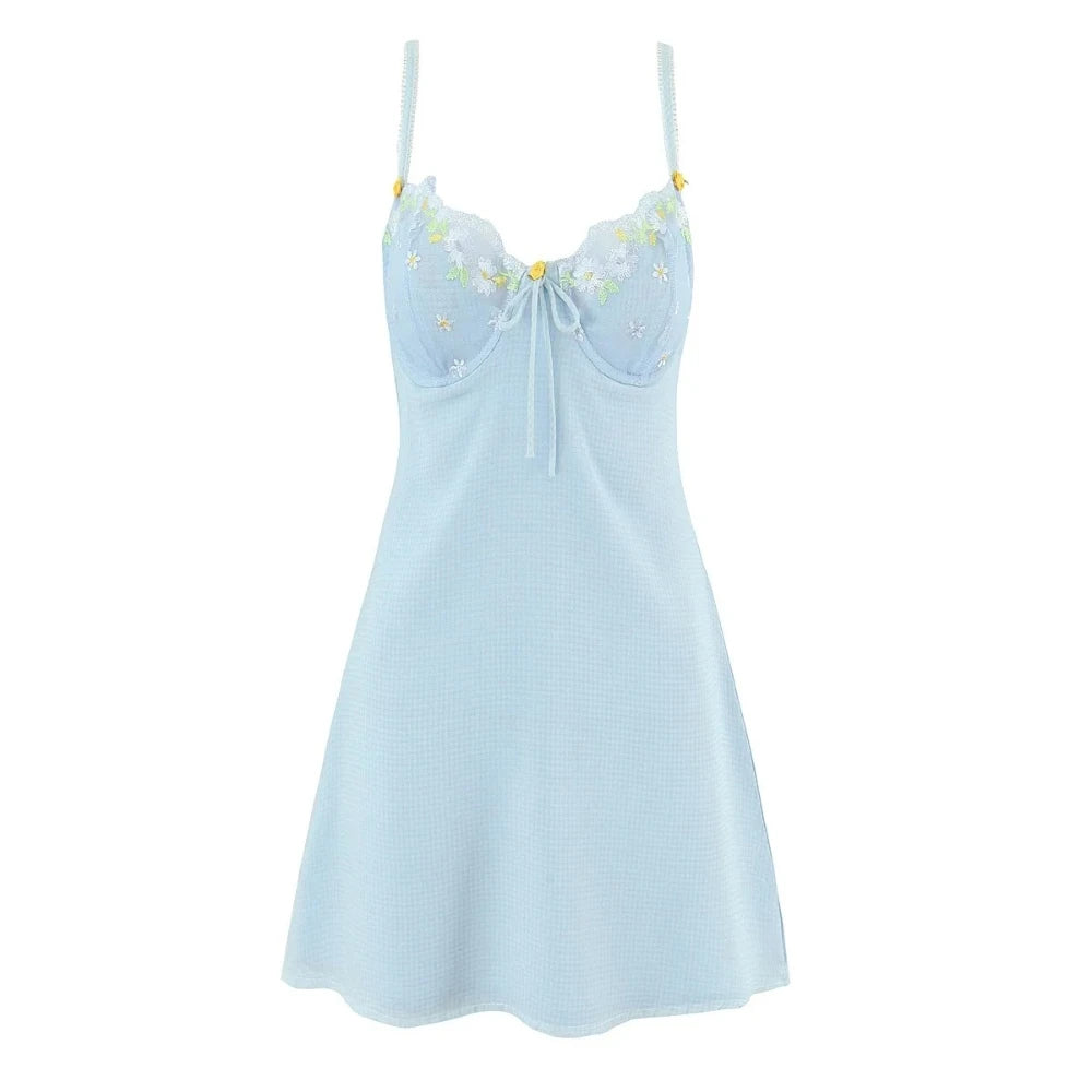 Women Sweet Lace Neckline Backless Short Dress