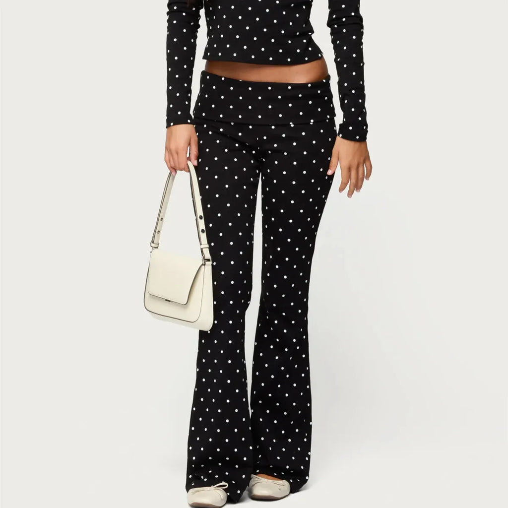 Polka Dot Wide Leg Flare Low Waist Pants