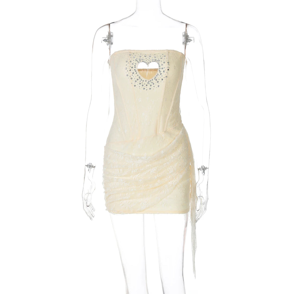 Sequined Strapless Mesh Mini Dress With Heart Cutout Zip Front