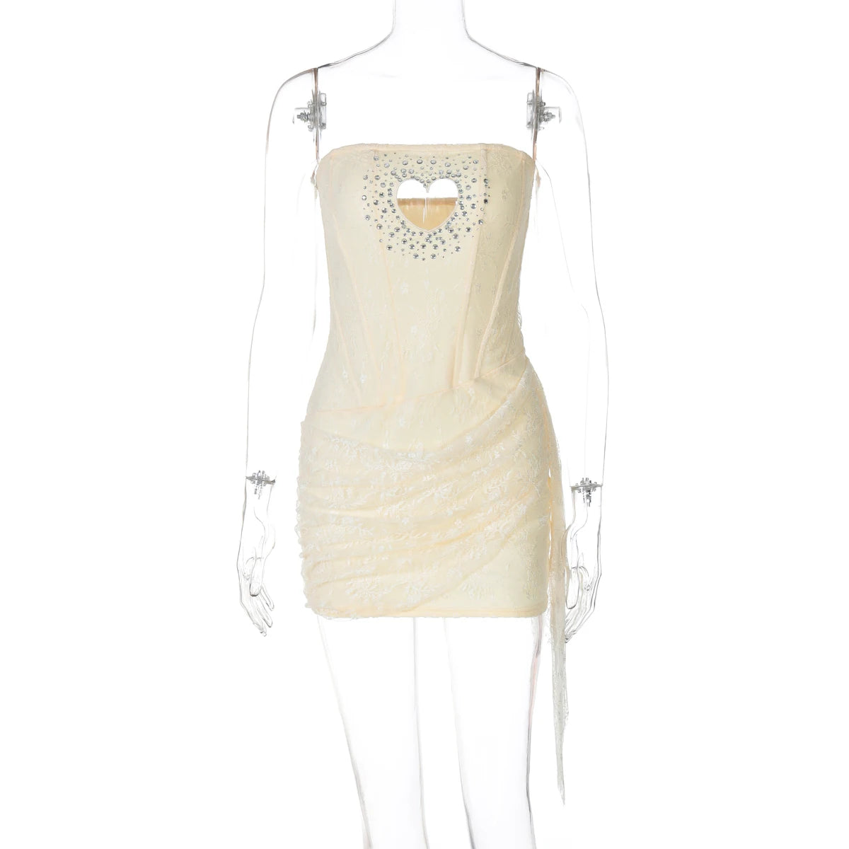 Sequined Strapless Mesh Mini Dress With Heart Cutout Zip Front