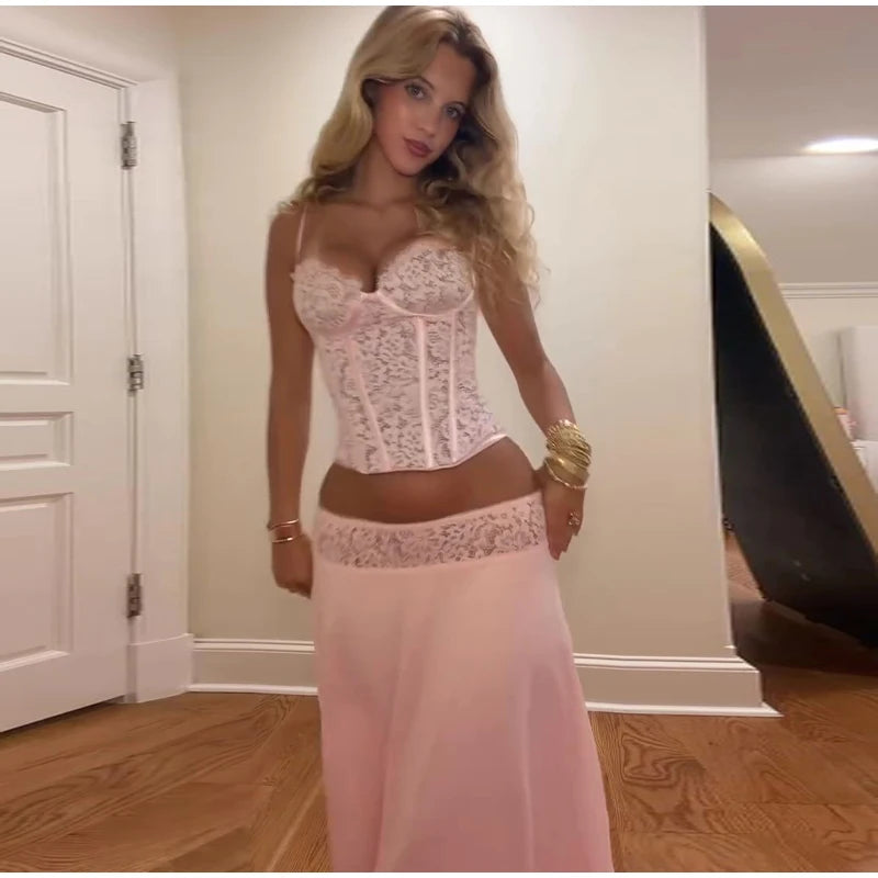 Delicate Lace Corset Cami And Midi Skirt Set Slim Fit Sleeveless Romantic Outfit