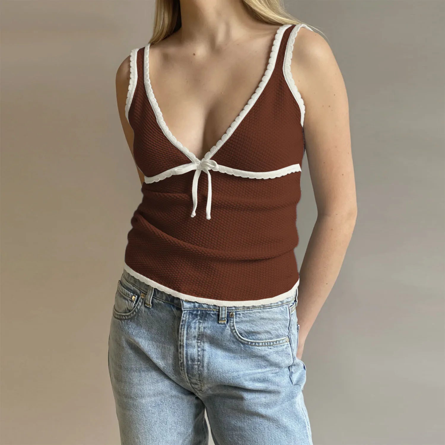 Backless Lace Up Crop Tank Top With V Neck