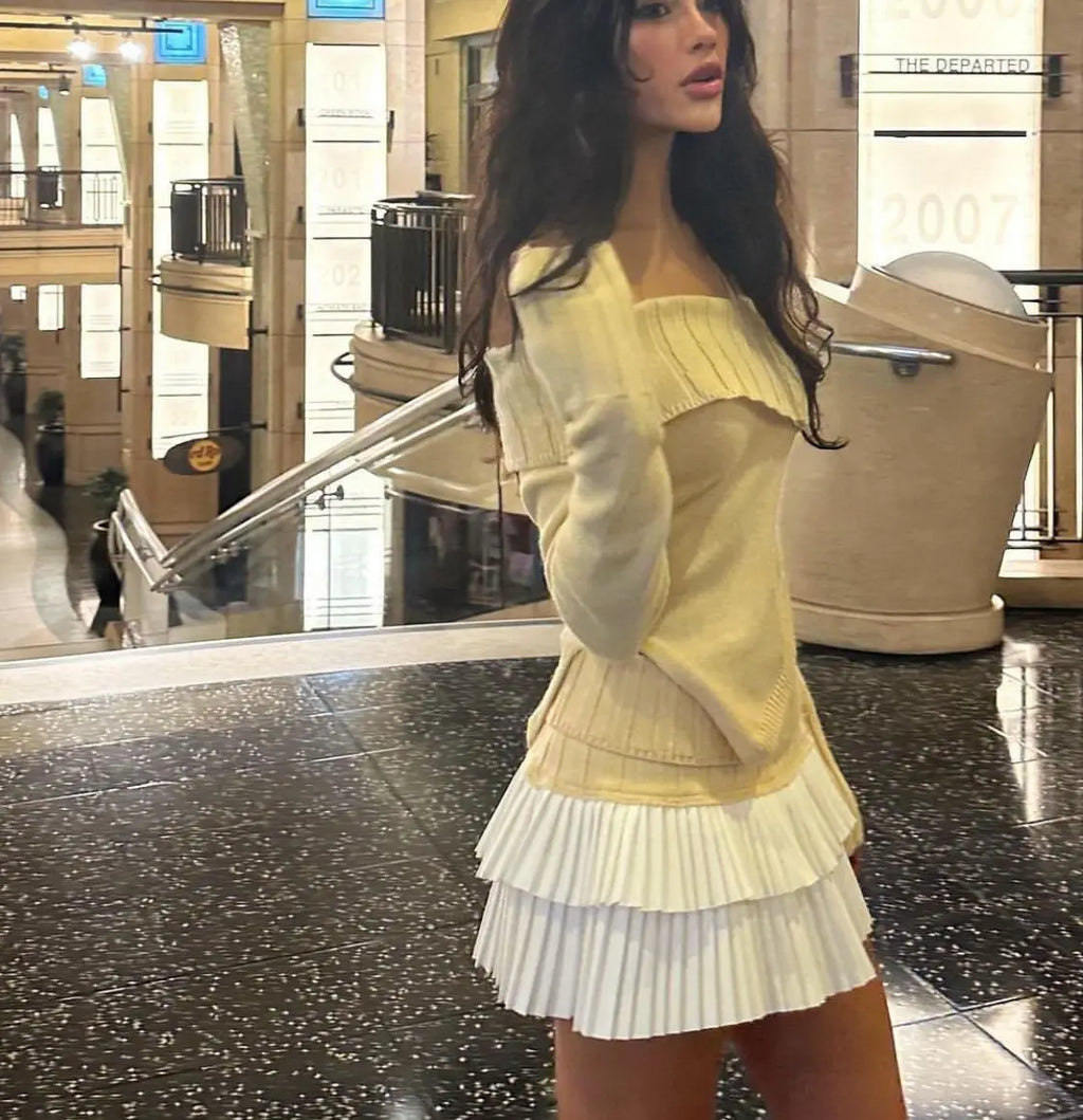 Knit Color Block Mini Skirt High Waisted Pleated