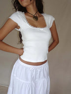 Vintage Cottagecore Knit Tee With Lace Trim And Square Neckline Milkmaid Crop Top