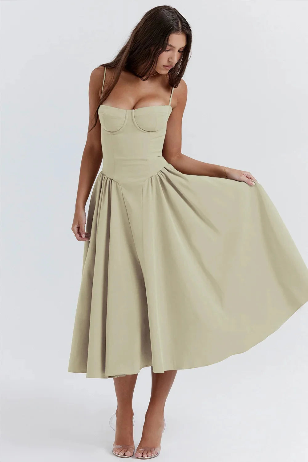 Backless Suspender Midi Dress Sleeveless A Line Style For Evening Wear