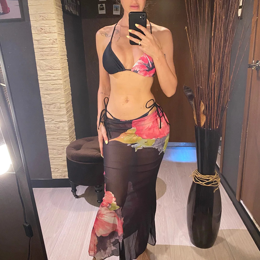 Flowers Printed With Skirt Halter Bikini Three-pieces Bikini set