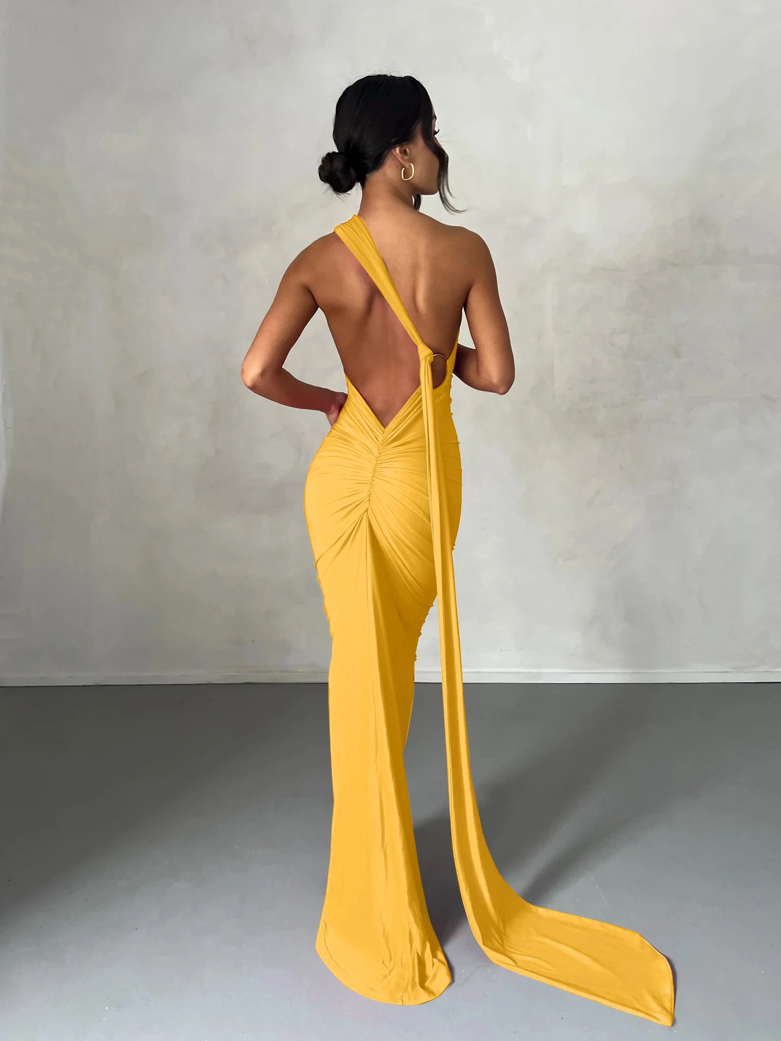 One Shoulder Backless Ruched Dress