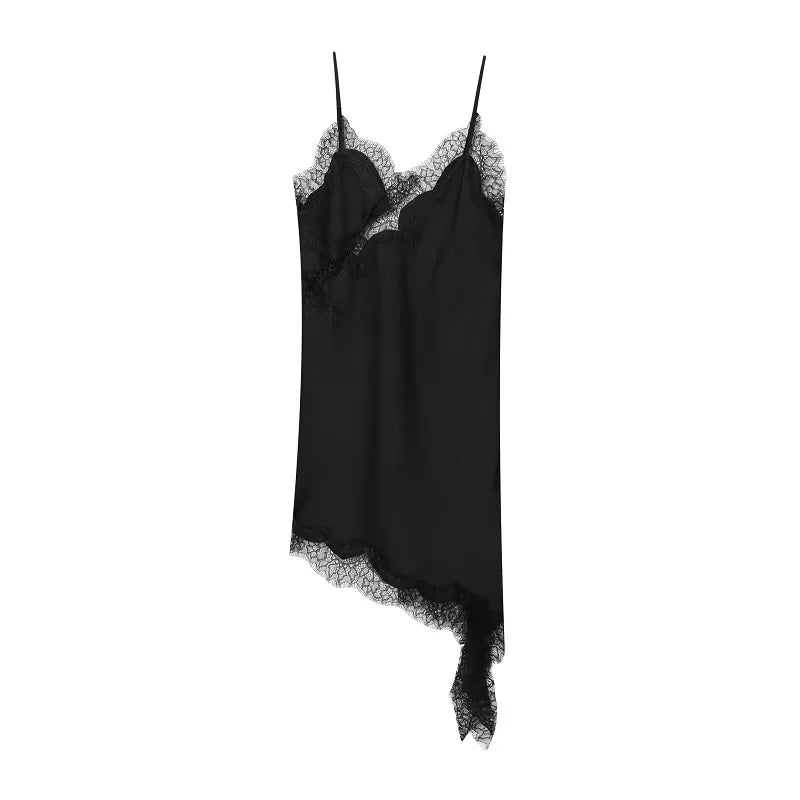Lace Slip Mini Dress With Satin Backless Asymmetric Cut