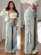 Washed Denim Wide Leg Pants With Lace Up Detail Pockets