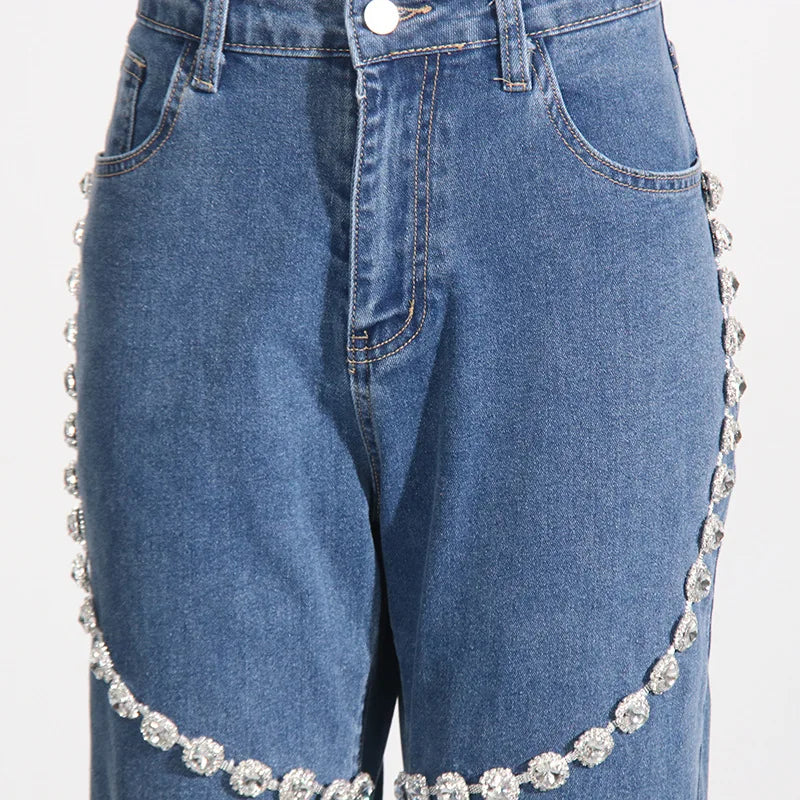 Glimmering Rhinestone Patchwork Denim With Loop Detail For A Chic Straight Leg Silhouette