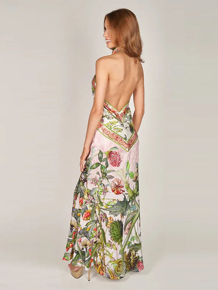 Flirty Printed Halter Backless Dress For Summer Party Chic Evening Outfits Slim High Waist