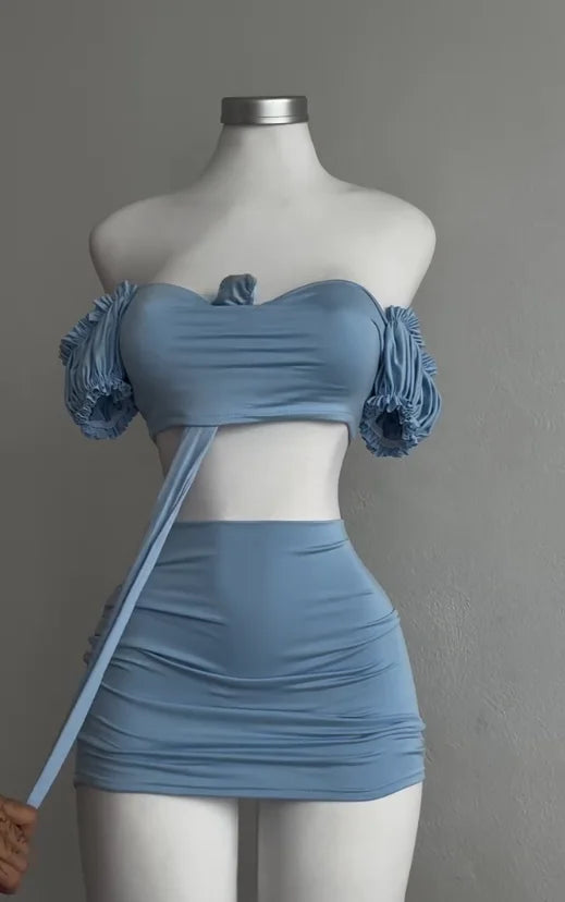 Alluring Two Piece Set With Wrapped Hip Skirt And Hollowed Pleated Puff Sleeves