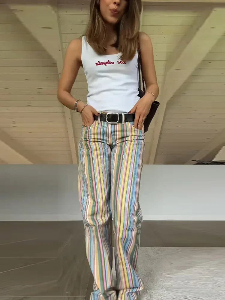 Vivid Multicolor Stripe Wide Leg Jeans With Pockets Low Waist Denim Trousers