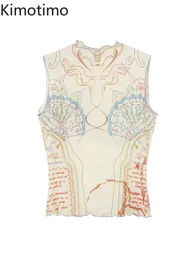 Mesh Print Tank Top With High Collar Slim Fit Cropped