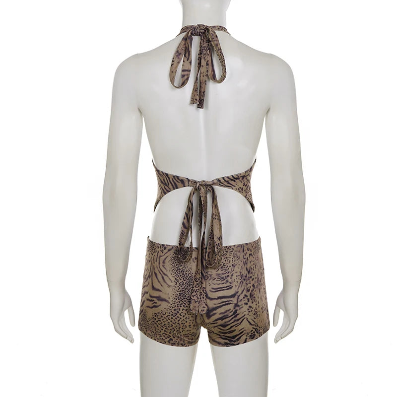 Leopard Print two piece Set Halter Crop Top With Deep V Backless Low Rise Shorts Outfit