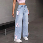 Street Chic Bowknot Denim Jeans With Loose Straight Wide Leg Silhouette In Washed Finish