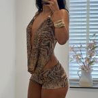 Leopard Print two piece Set Halter Crop Top With Deep V Backless Low Rise Shorts Outfit